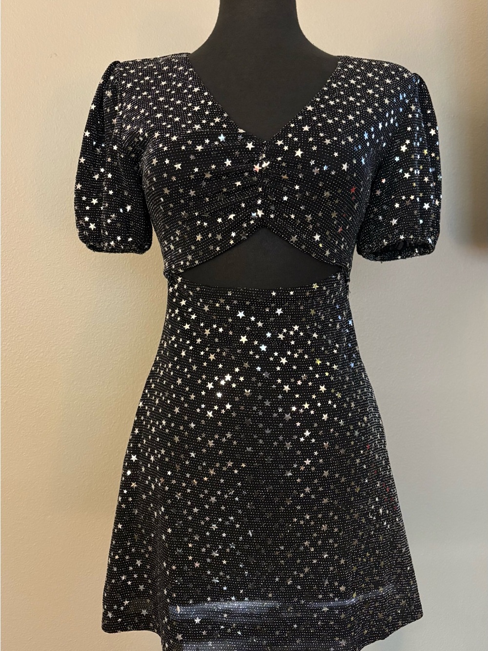 Altar'd State Black Glitter Star-Print Puff Sleeve Cutout Dress